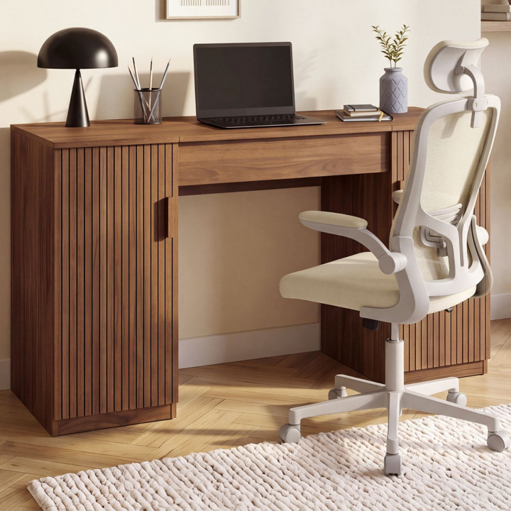 Bureau plateau relevable JULIETTE 2 portes lattes tasseau bois effet noyer