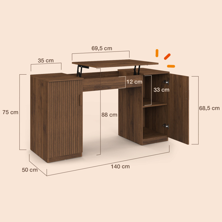 Bureau plateau relevable JULIETTE 2 portes lattes tasseau bois effet noyer