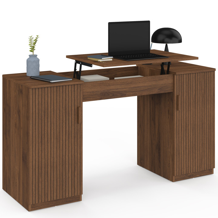 Bureau plateau relevable JULIETTE 2 portes lattes tasseau bois effet noyer