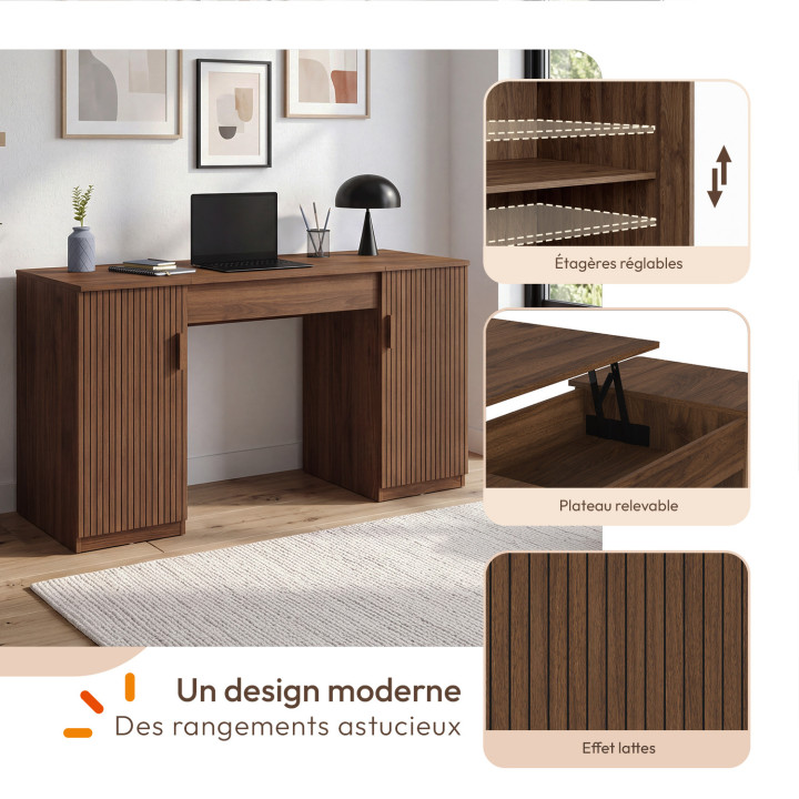 Scrivania con piano ribaltabile 140x50 cm JULIETTE, 2 ante a doghe con listelli in legno effetto noce