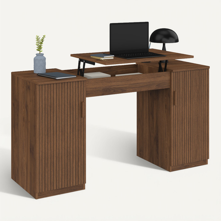 Scrivania con piano ribaltabile 140x50 cm JULIETTE, 2 ante a doghe con listelli in legno effetto noce