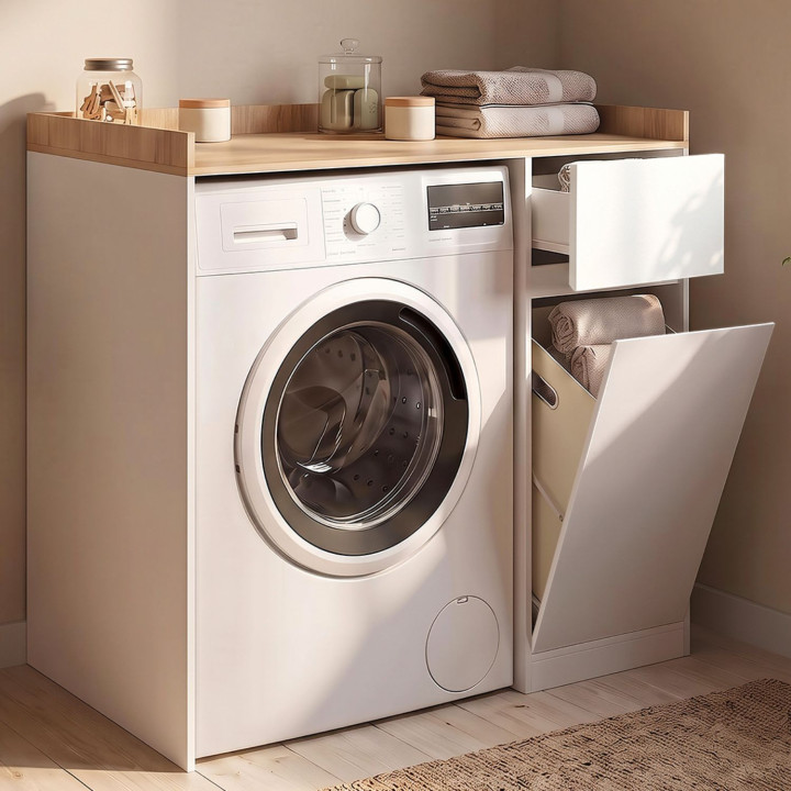Wasmachinekast met TOMI wasmand in wit en beukenhout