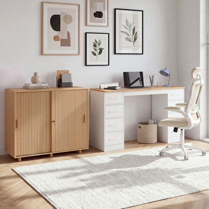 Armoire basse de bureau 2 portes coulissantes verrouillables JULIETTE effet lattes tasseau bois