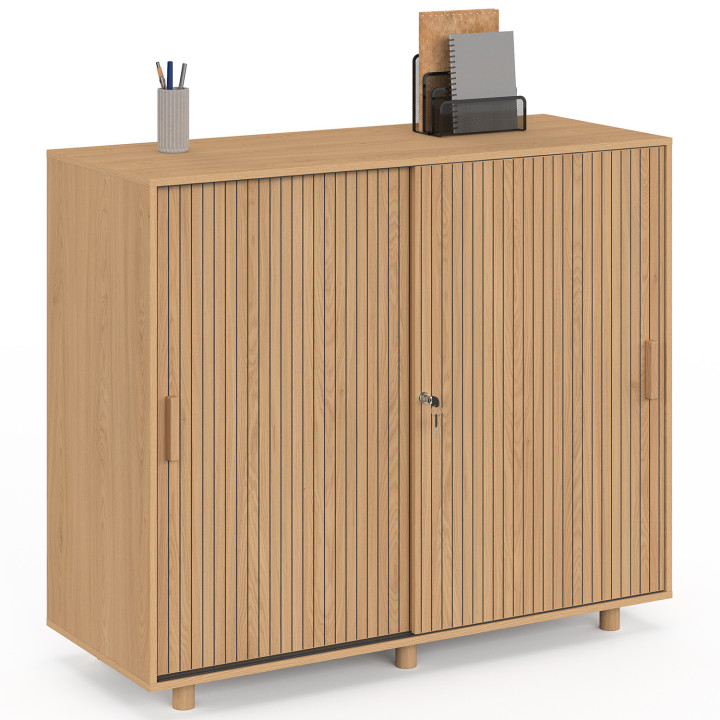 Armoire basse de bureau 2 portes coulissantes verrouillables JULIETTE effet lattes tasseau bois