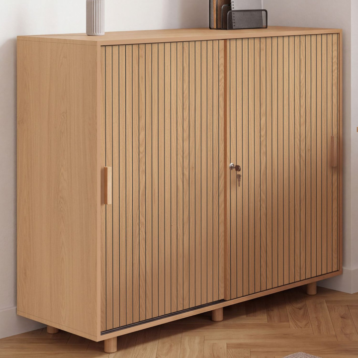 JULIETTE Armario de oficina de 2 puertas correderas efecto lamas de madera