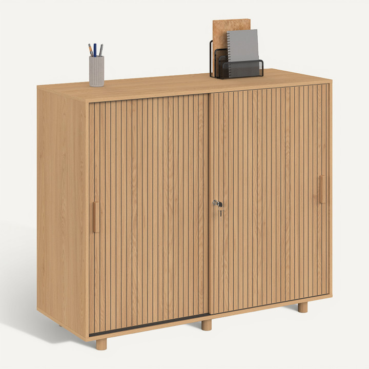 JULIETTE Armario de oficina de 2 puertas correderas efecto lamas de madera