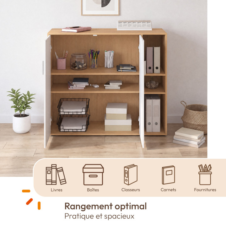 Armoire basse de bureau MARIA 2 portes et étagères bois et blanc