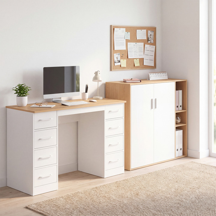 Armoire basse de bureau MARIA 2 portes et étagères bois et blanc