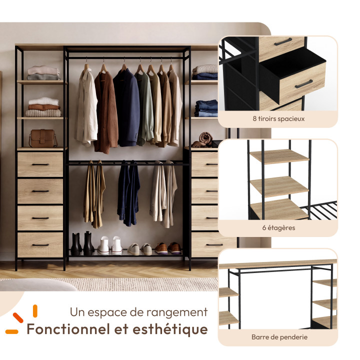 Dressing double penderie et double colonne L. 180 cm UTAH avec porte pantalons + 6 étagères + 8 bacs en tissu bois et noir