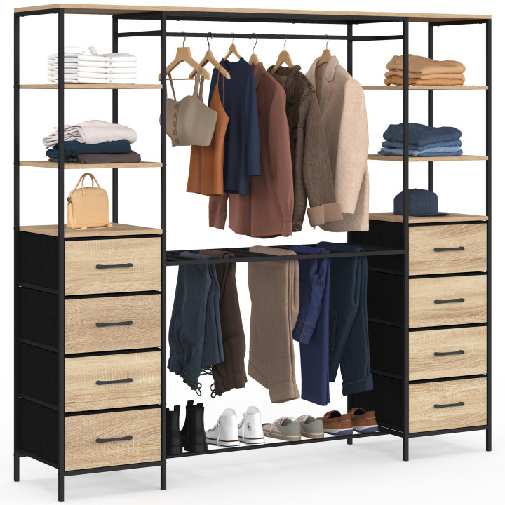 Armario doble XXL UTAH de 180 cm con percha para pantalones, estantes, cestas de tela y zapatero de madera y negro