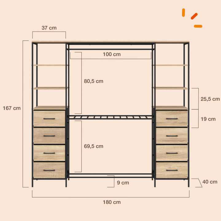 Doppel-Kleiderschrank XXL UTAH 180 cm mit Hosenhalter, Regalen, Stoffbehältern und Schuhregal aus Holz und in Schwarz