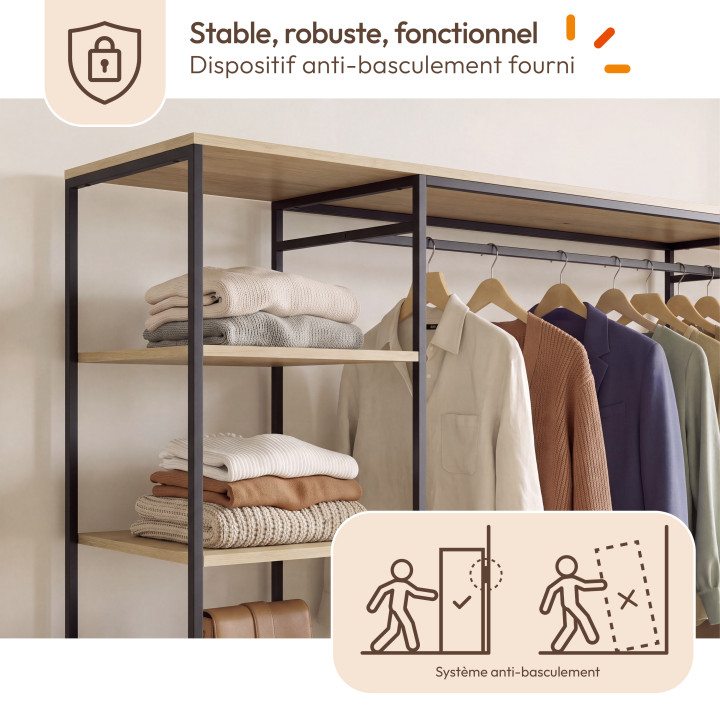 Dressing double penderie et double colonne L. 180 cm UTAH avec porte pantalons + 6 étagères + 8 bacs en tissu bois et noir