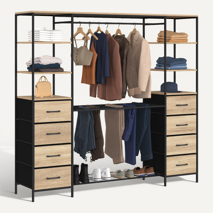 Dressing double penderie et double colonne L. 180 cm UTAH avec porte pantalons + 6 étagères + 8 bacs en tissu bois et noir