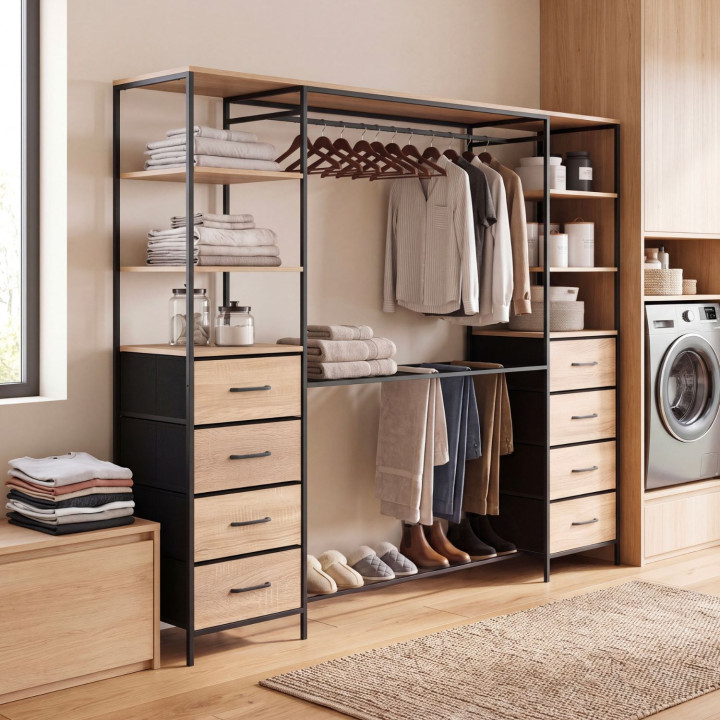 Armadio a doppia porta XXL UTAH da 180 cm con appendi-pantaloni, ripiani, contenitori in tessuto e scarpiere in legno e nero
