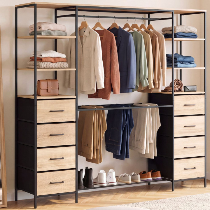 Dressing double penderie et double colonne L. 180 cm UTAH avec porte pantalons + 6 étagères + 8 bacs en tissu bois et noir
