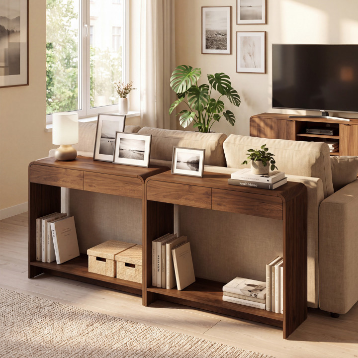 Console a 2 cassetti CAPUCINE effetto noce dal design arrotondato