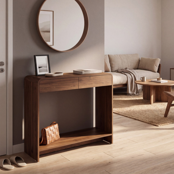 Console a 2 cassetti CAPUCINE effetto noce dal design arrotondato