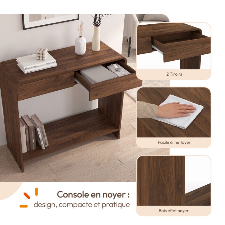 Console a 2 cassetti CAPUCINE effetto noce dal design arrotondato