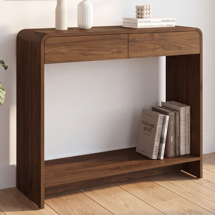 Console a 2 cassetti CAPUCINE effetto noce dal design arrotondato