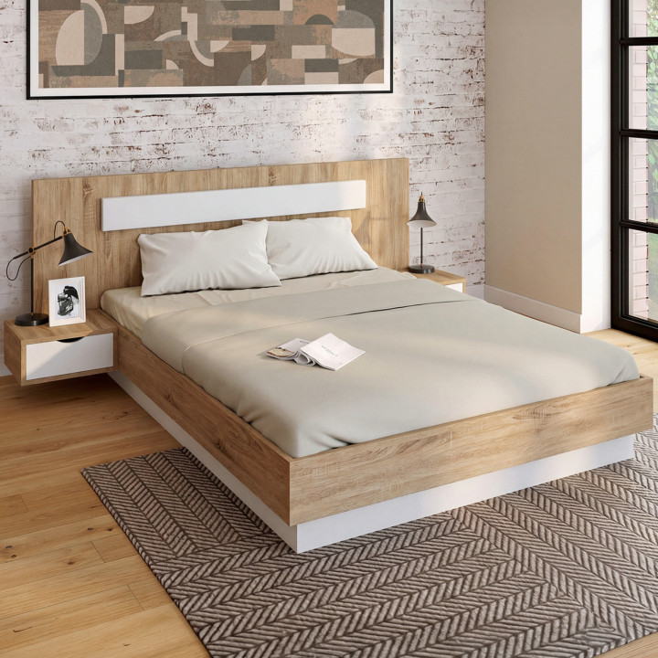 Letto matrimoniale 140x190 in legno e bianco con testiera e comodini - SANTA