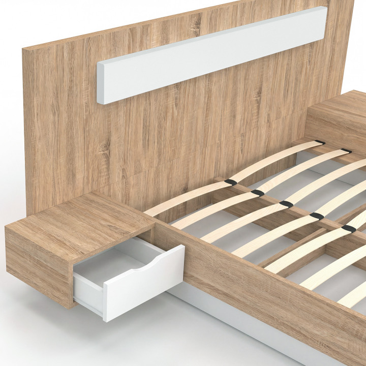 Letto matrimoniale 140x190 in legno e bianco con testiera e comodini - SANTA