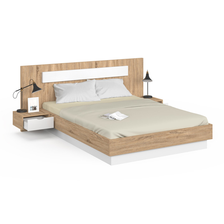 Letto matrimoniale 140x190 in legno e bianco con testiera e comodini - SANTA
