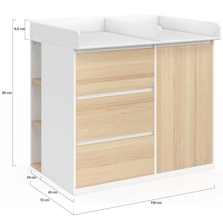 Cómoda cambiador evolutiva AMBRE, en imitación de haya y blanco, con 3 cajones, 1 cesto para la ropa sucia, cambiador y 2 estant