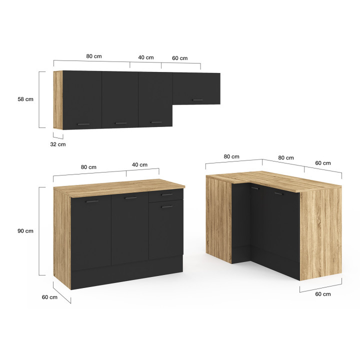 Complete hoekkeuken in hout en zwart 400 cm - SUBTIL