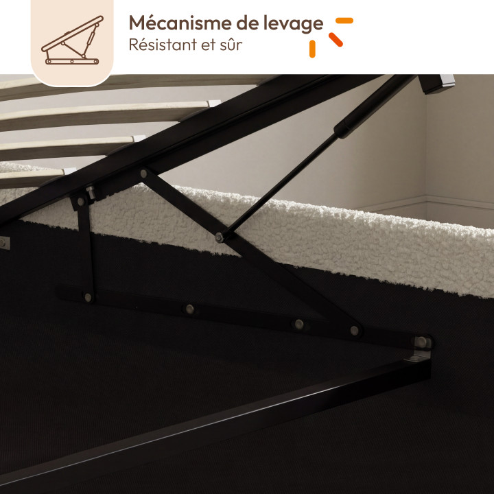 Lit coffre double NOELIE avec tête de lit et sommier 140 x 190 cm tissu bouclette blanc