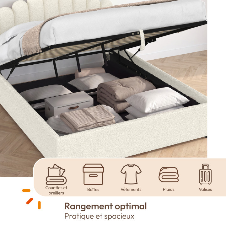 Lit coffre double NOELIE avec tête de lit et sommier 140 x 190 cm tissu bouclette blanc
