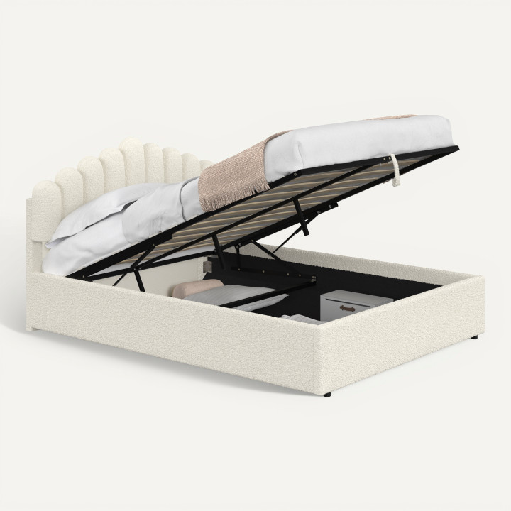 Cama doble NOELIE con cabecero y somier 140 x 190 cm tejido bouclette blanco