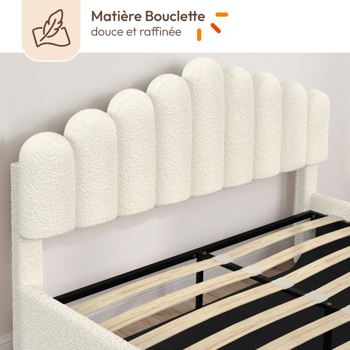 Lit coffre double NOELIE avec tête de lit et sommier 140 x 190 cm tissu bouclette blanc