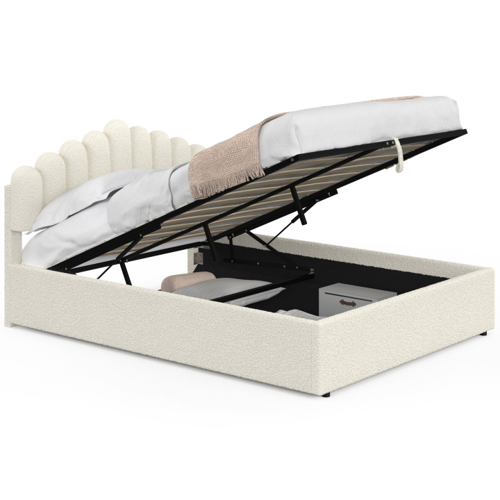 Cama doble NOELIE con cabecero y somier 140 x 190 cm tejido bouclette blanco