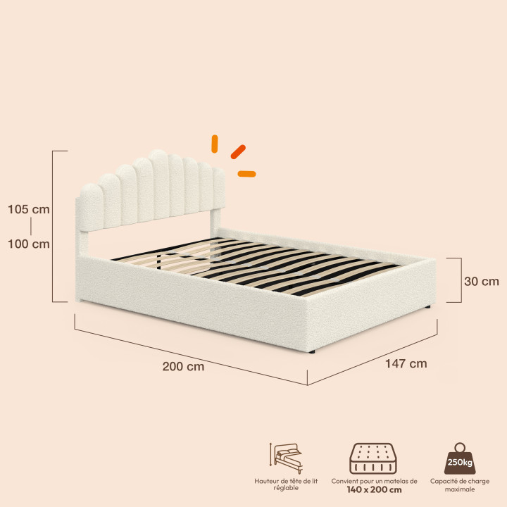 Lit coffre double NOELIE avec tête de lit et sommier 140 x 190 cm tissu bouclette blanc