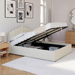 Letto matrimoniale NOELIE con testiera e rete a doghe 140 x 190 cm in tessuto bouclette bianco