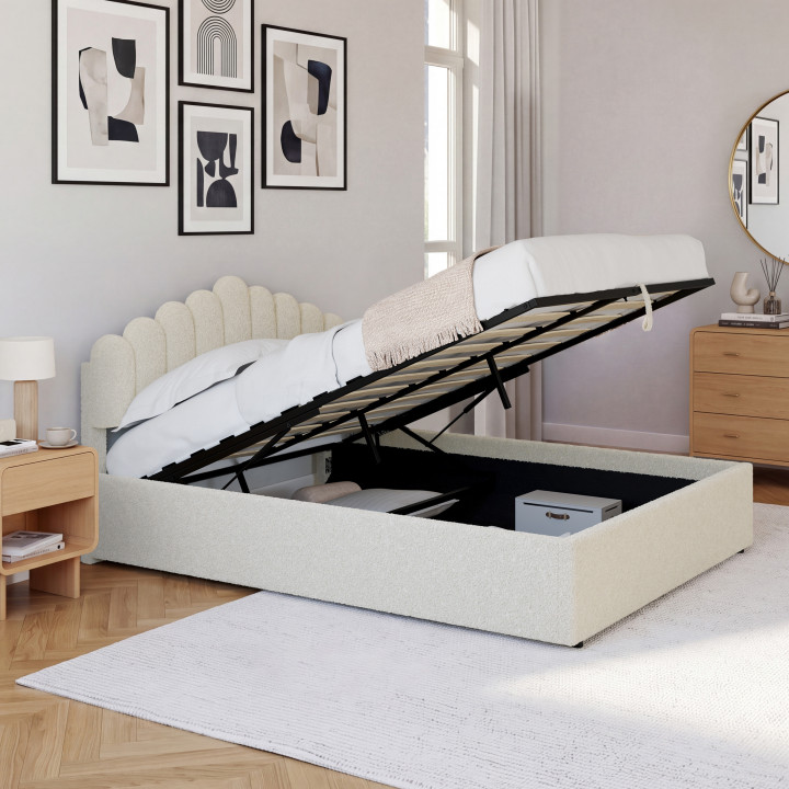 Cama doble NOELIE con cabecero y somier 140 x 190 cm tejido bouclette blanco