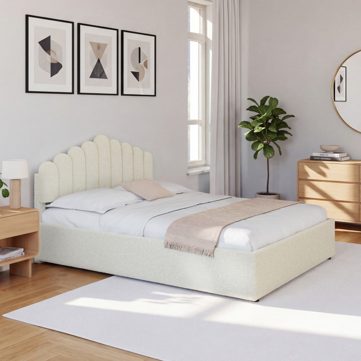 Cama doble NOELIE con cabecero y somier 140 x 190 cm tejido bouclette blanco