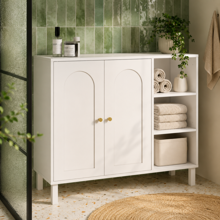 Mobili da bagno, mobili contenitori per soggiorno e ingresso ARSENE a 3 ripiani con armadio in legno bianco