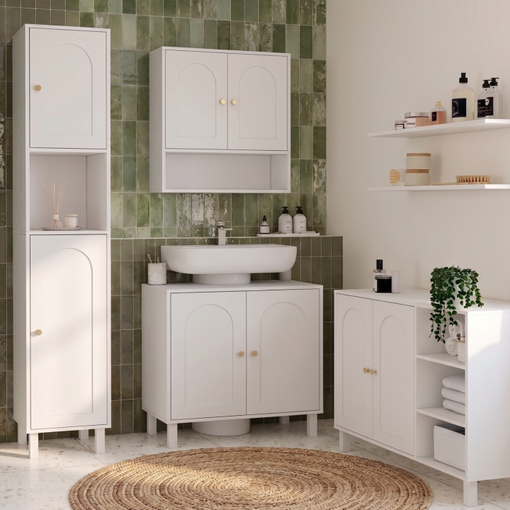 Mobili da bagno, mobili contenitori per soggiorno e ingresso ARSENE a 3 ripiani con armadio in legno bianco