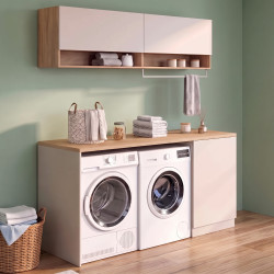 TOMI-Waschküchenmöbel für Waschmaschine und Wäschetrockner mit Arbeitsplatte (L 180 cm) und Schränken in Beige und Holzoptik