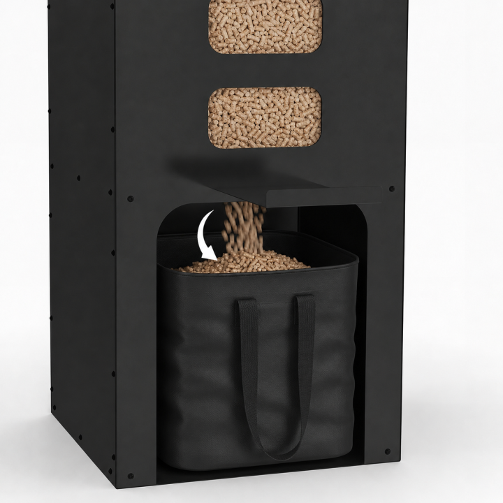 Serbatoio per pellet da 55 kg, nero, con distributore di pellet 40 x 40 x 98,5 cm e contenitore flessibile rimovibile