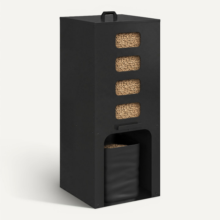 Depósito de pellets de 55 kg, negro, con distribuidor de pellets de 40 x 40 x 98,5 cm y recipiente flexible extraíble