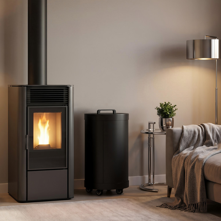 Contenitore rotondo per pellet 30 KG nero 4 scomparti staccabili con beccuccio stoccaggio pellet 35 x 35 x 53,5 cm