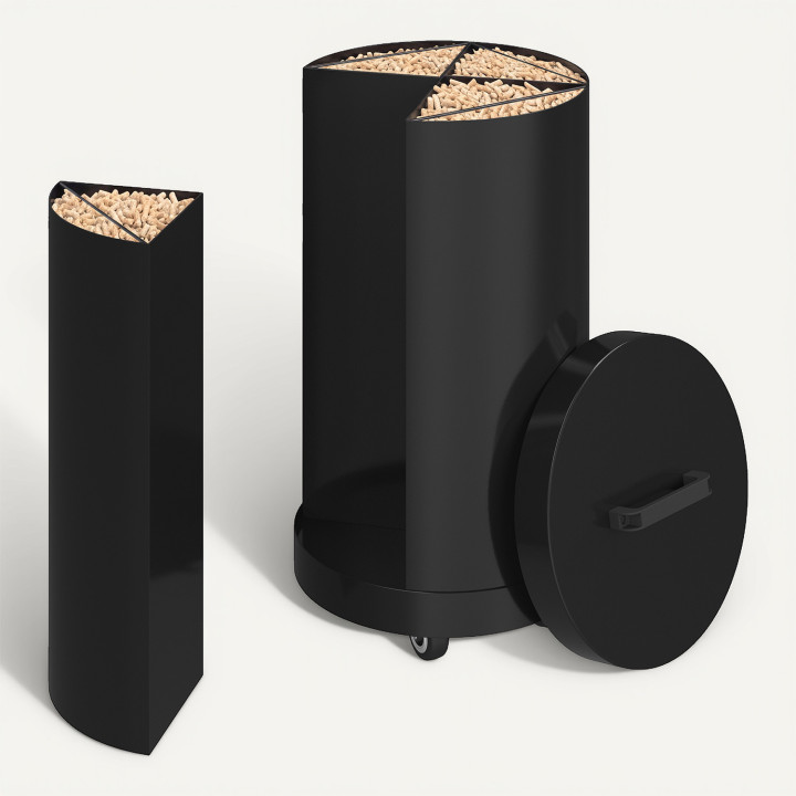 Ronde pelletcontainer 30 KG zwart 4 uitneembare compartimenten met schenktuit pelletopslag 35 x 35 x 53,5 cm