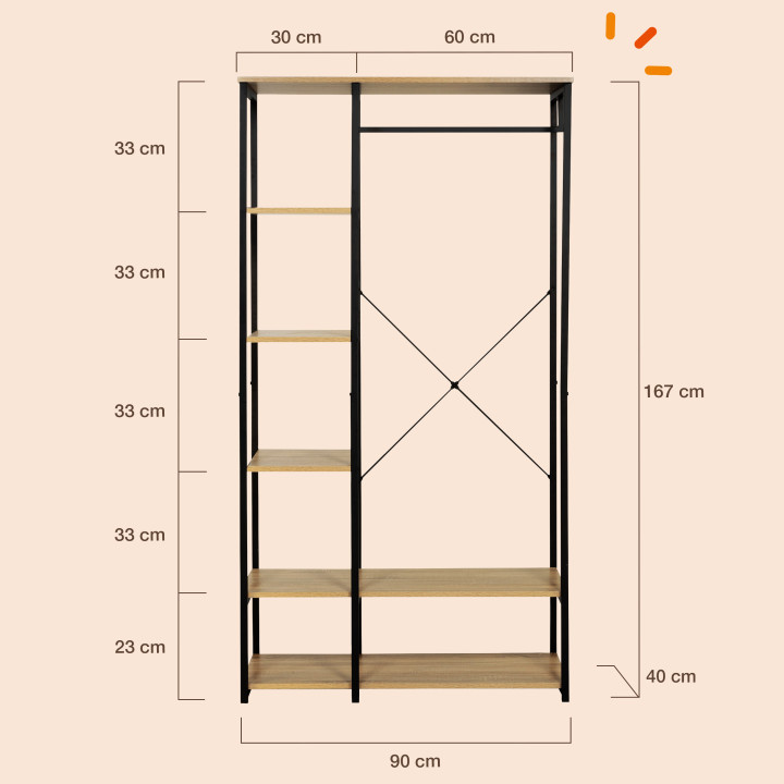 Günstiger modularer offener begehbarer Kleiderschrank im Industriestil 90 cm - DETROIT
