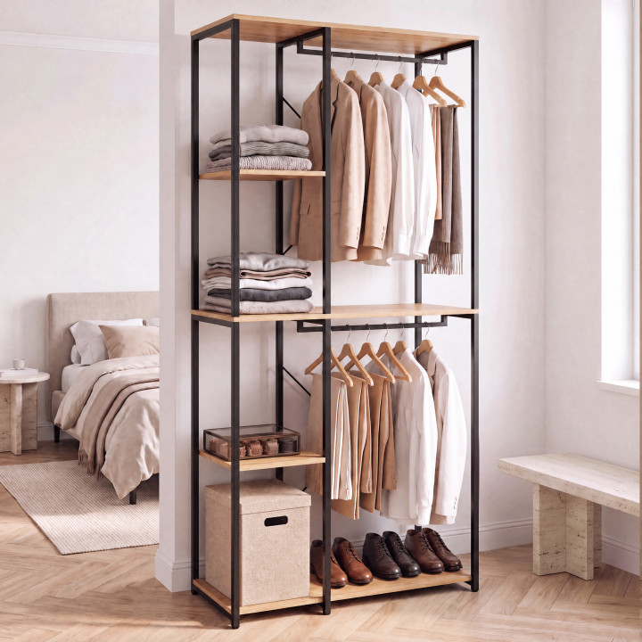 Industriële open kleerkast 90 cm met 2 roedes