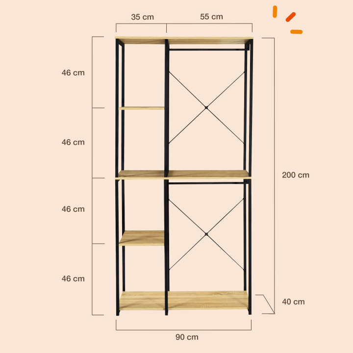 Industriële open kleerkast 90 cm met 2 roedes