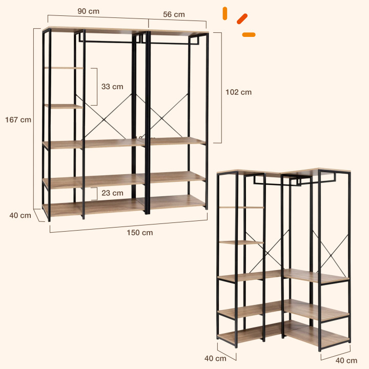 Modulaire industriële open garderobekast 150 cm - DETROIT