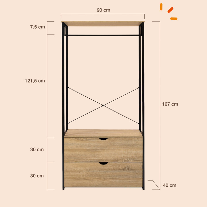 Günstiger Kleiderschrank im Industriestil 80 cm 2 Schubladen - DETROIT