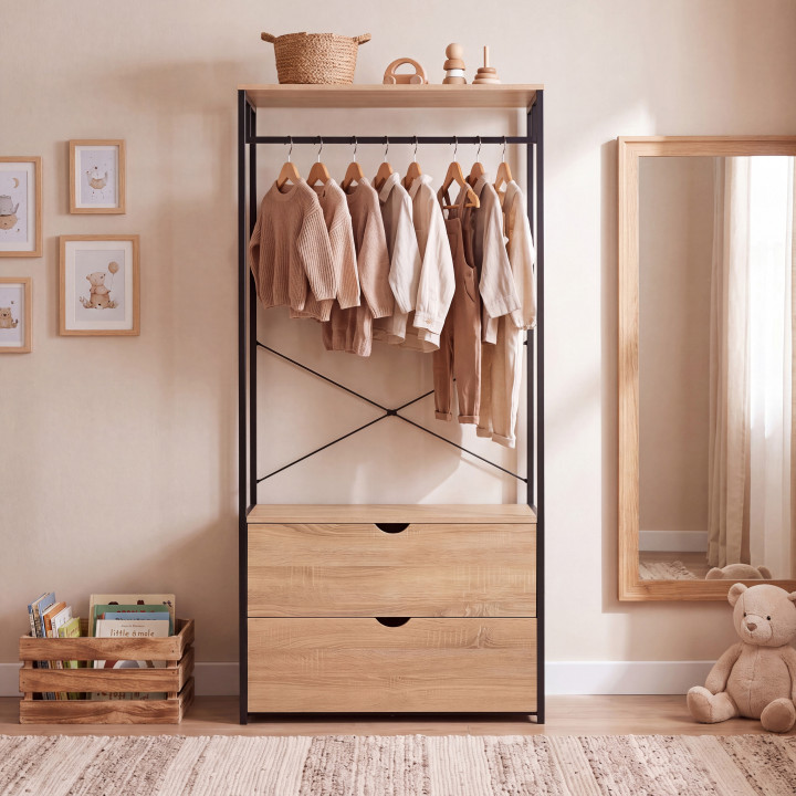 Günstiger Kleiderschrank im Industriestil 80 cm 2 Schubladen - DETROIT